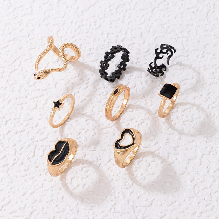 Lip love dripping oil star ring set, geometric letter snake zodiac eight-piece set