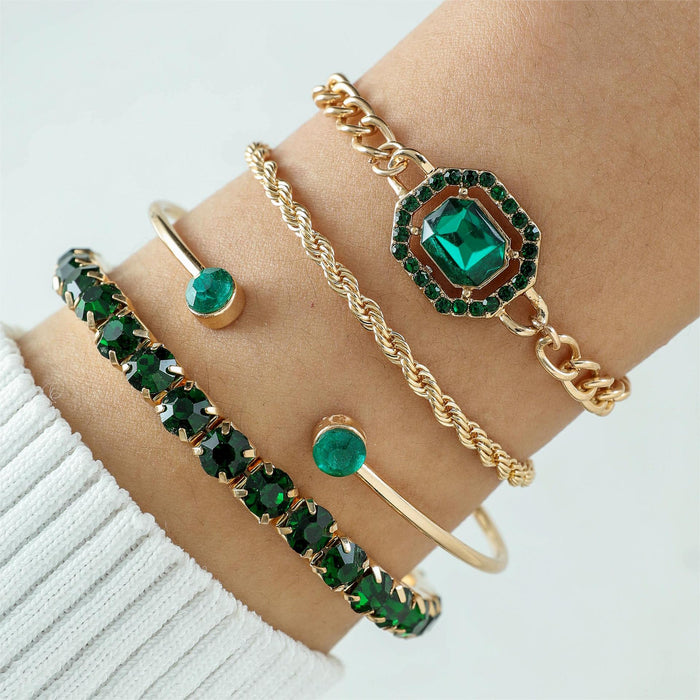 New Simple Metal Faux Emerald Bracelet - Heart Bracelet with Full Diamond Design