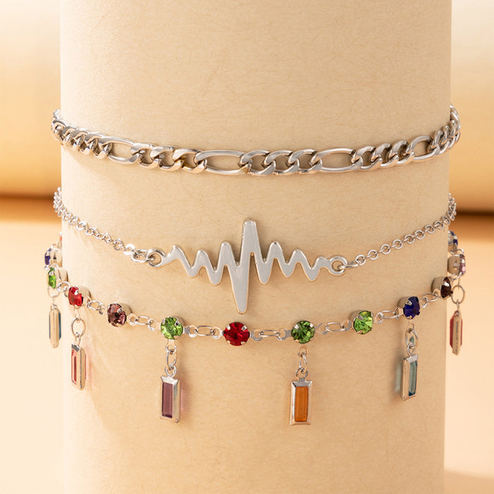 Creative Tassel Alloy Combo Anklet with Leaf Heartbeat Rhinestone Leaf Three-Piece Set