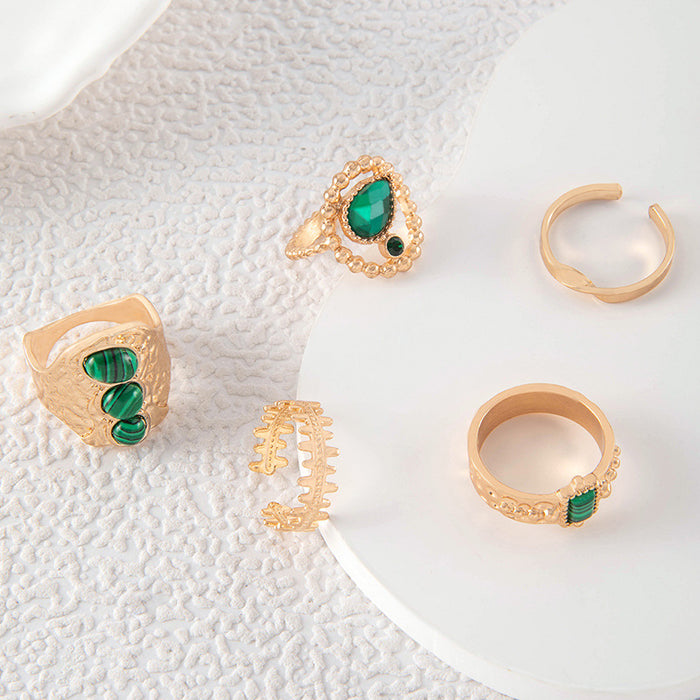 Vintage Emerald Gemstone Ring Set - 5pcs Unique Open Rings