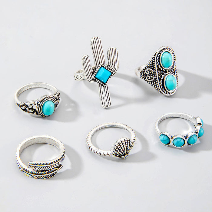 Bohemian Ring Set - 6pcs Vintage Flower Turquoise Rings