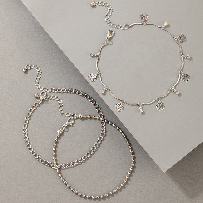 Rose Rhinestone Round Bead Chain Anklet Set with Silver Geometric Triple Layer Anklet