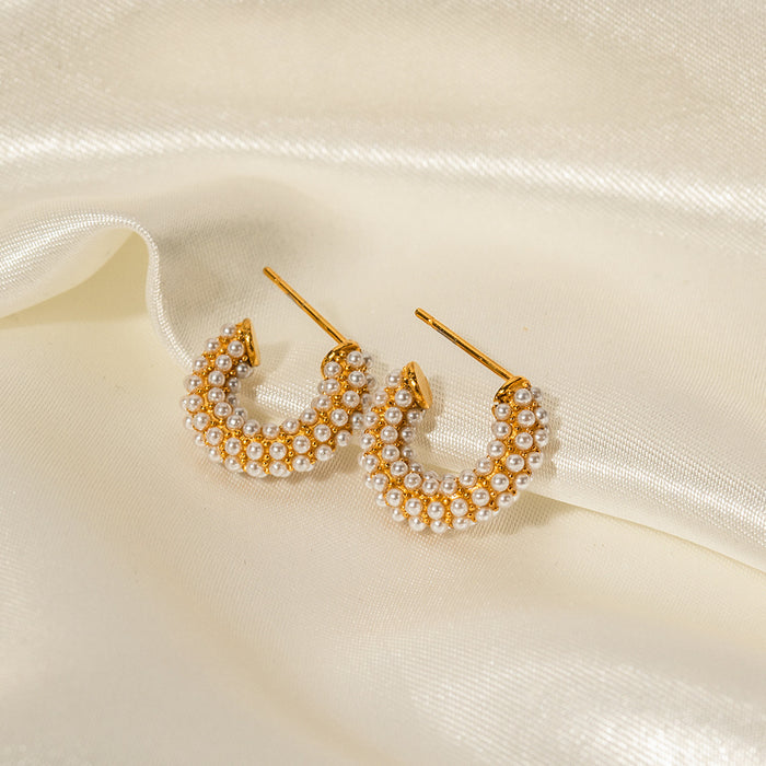 French Style New Fashionable Hoop Earrings - 18K Gold Plated Stainless Steel Mini Pearl Inlaid C-Shaped Jewelry