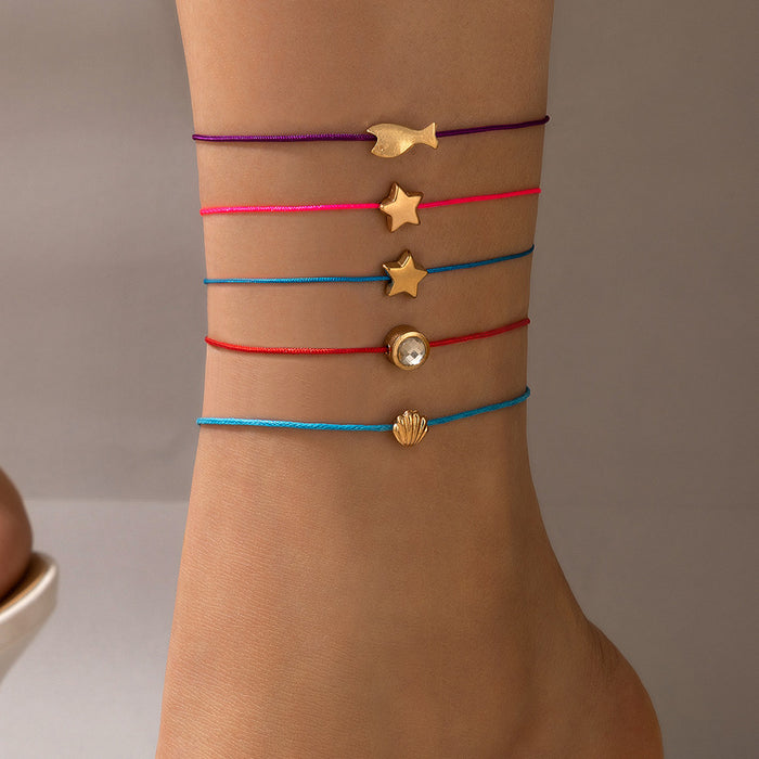 Multi-Layer Fish, Star, and Shell Charm Anklet Set