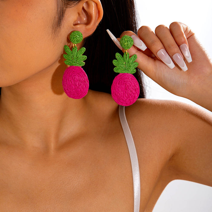 Bohemian woven raffia large flower earrings colorful pineapple holiday style earrings