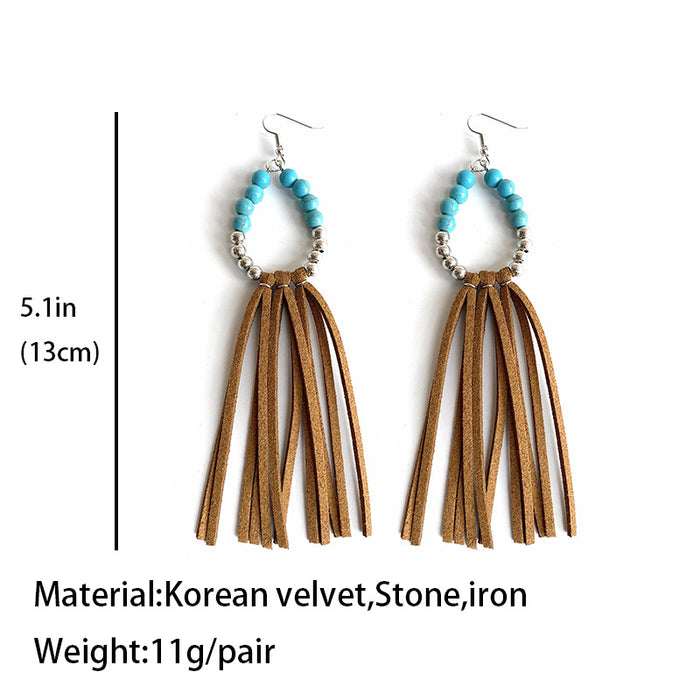 Western Style Turquoise Bead Earrings with Leather Design