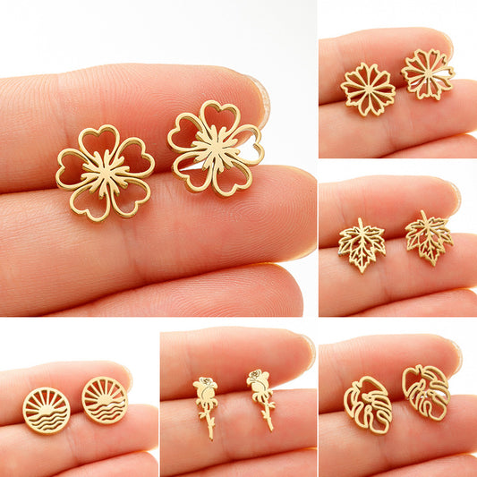 Rose earrings, French flower hollow stainless steel new maple leaf mushroom earrings for girlfriends wholesale