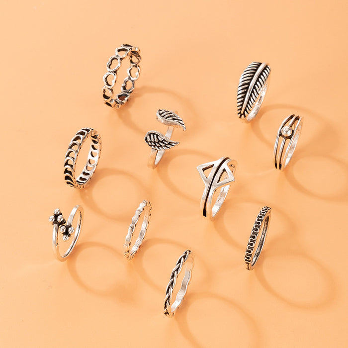 Vintage leaf ring set, geometric love wings ten-piece joint ring