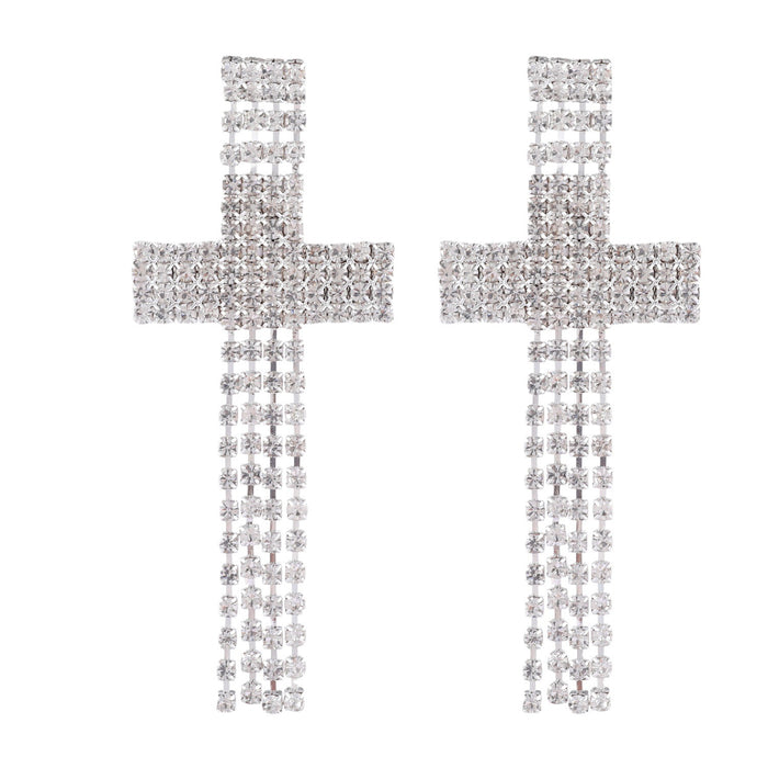 Cross Rhinestone Earrings - Trendy Tassel Dangles for a Bold Look