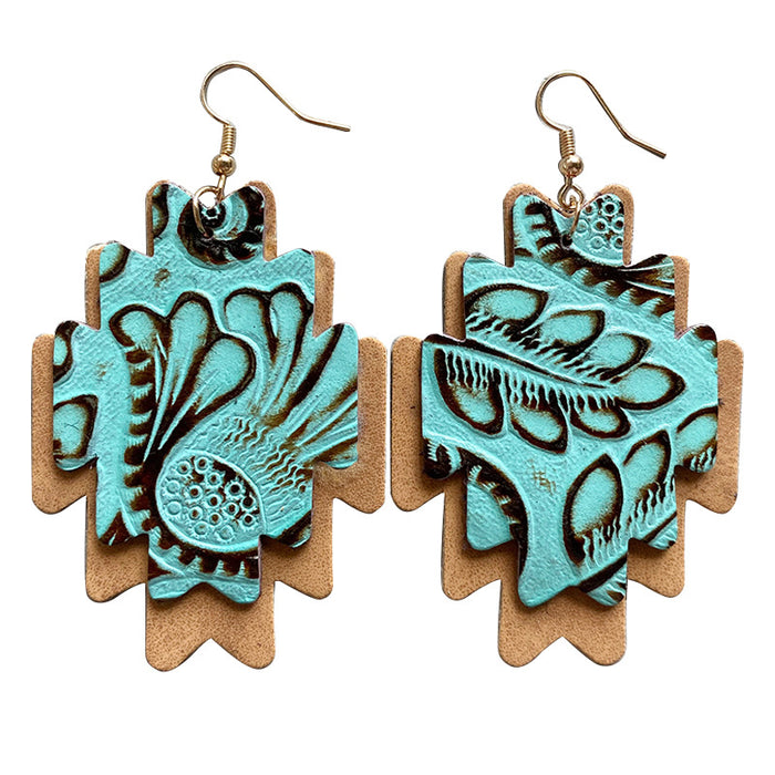 Double Layer Aztec Embossed Leather Earrings with Vintage Style