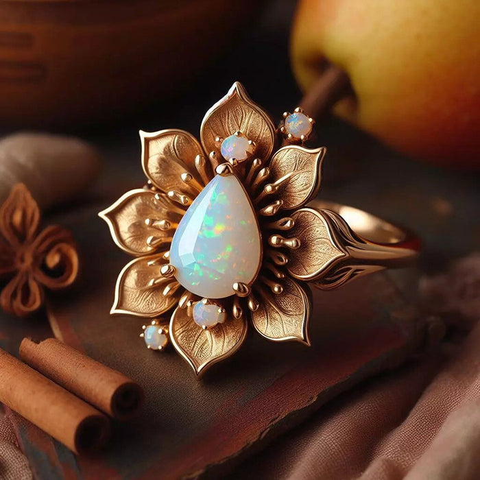 Women's teardrop micro-inlaid imitation opal sunflower ring