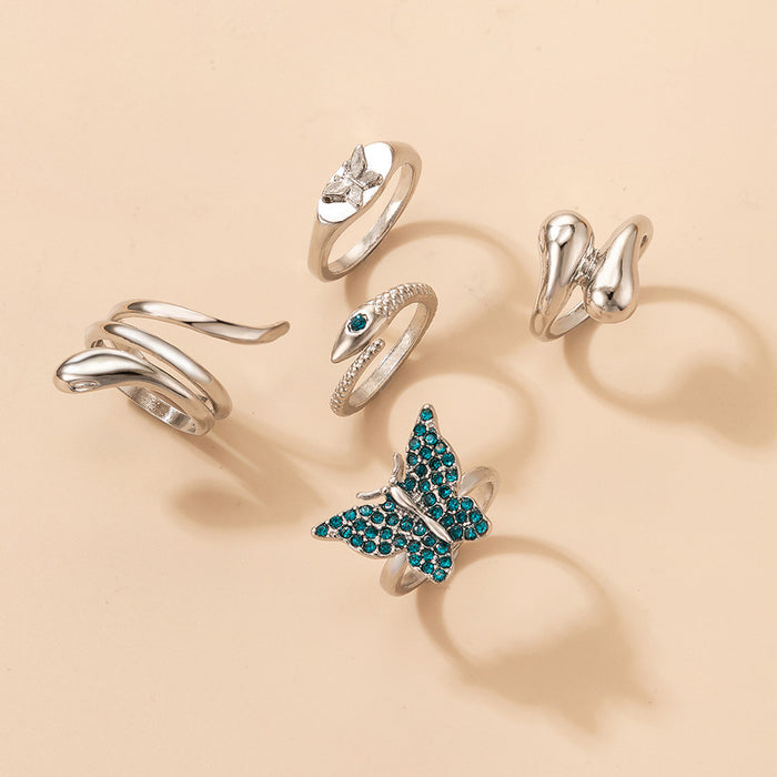 Blue Butterfly Diamond Snake Ring 5-Piece Set