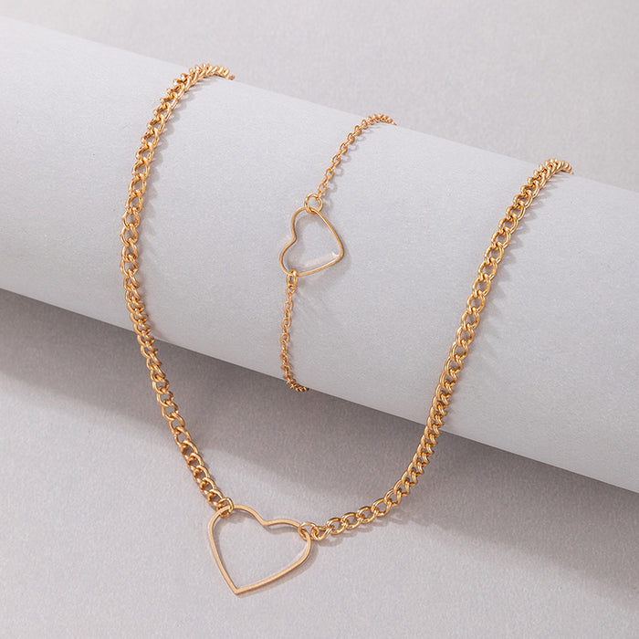 Simple Heart Hollow Bracelet and Necklace Set with Geometric Design