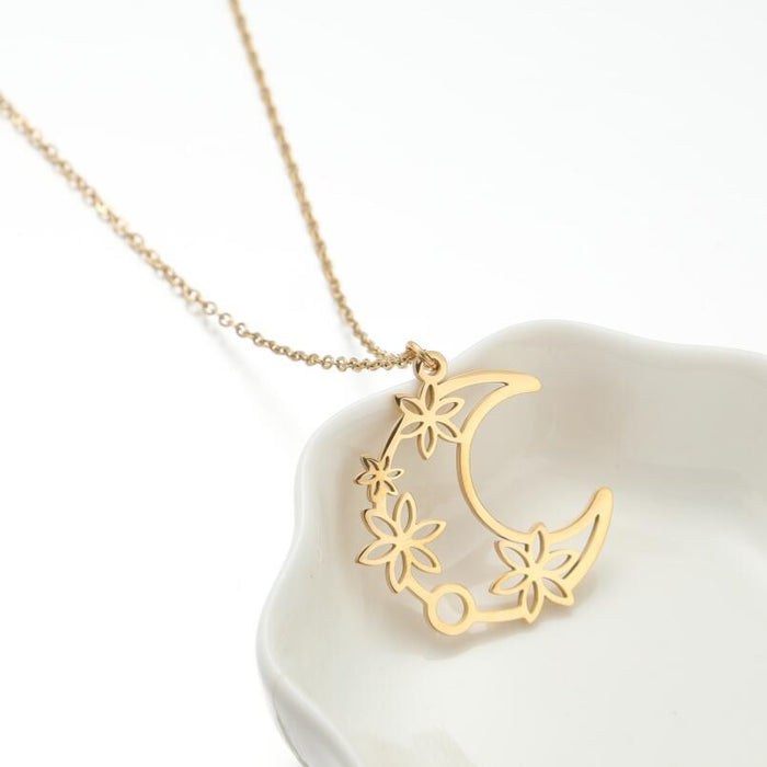 Moon flower pendant necklace, Korean new 18K gold electroplating light luxury niche high-end clavicle chain