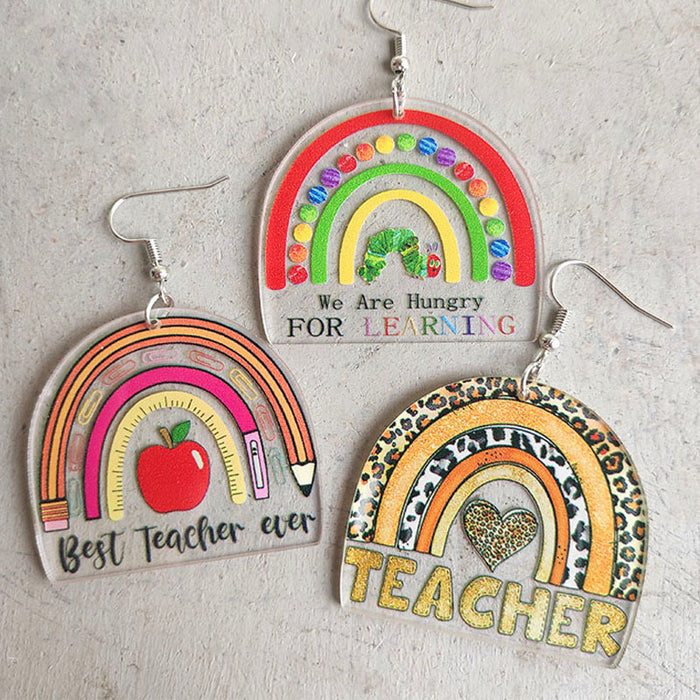 Cute Teacher Earrings with Ruler, Pencil, Apple, and Rainbow Designs