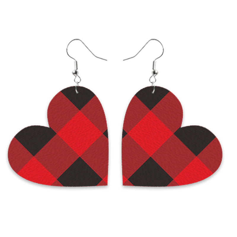 Valentine's Day Leather Earrings - Red Black Plaid Tie-Dye Leopard Heart