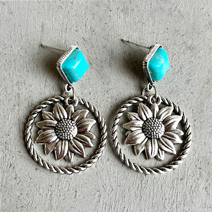 Western Bohemian Ethnic Cactus Earrings with Vintage Turquoise and Alloy Design