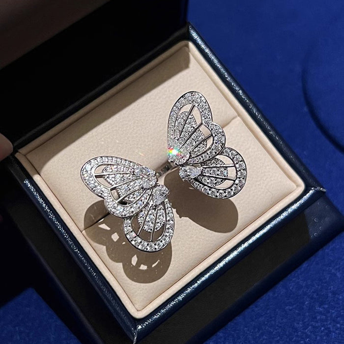 Micro-inlaid zirconium butterfly ring exquisite high-end open adjustable women's ring