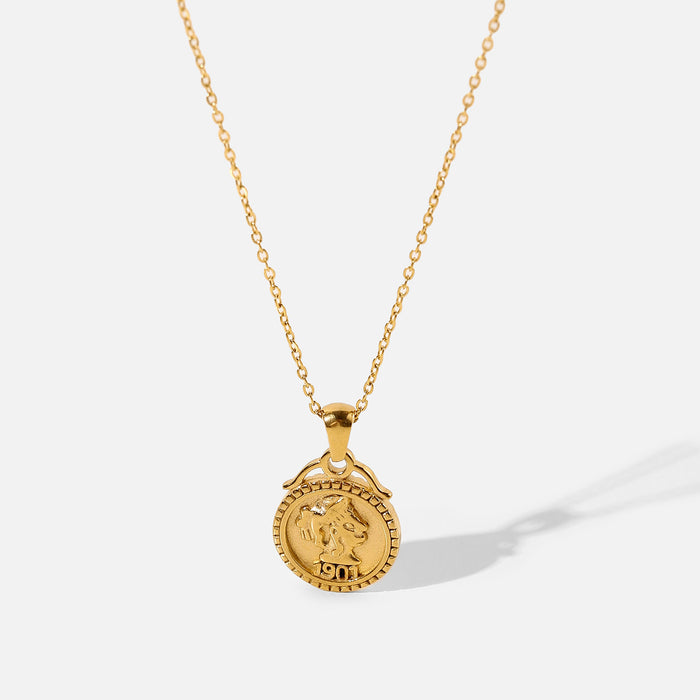 18K Gold-Plated Stainless Steel 3D Coin Pendant Necklace with Queen Elizabeth Design