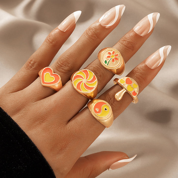 Juego de 6 anillos estilo pastoral con forma de hongo y tai chi en forma de corazón naranja