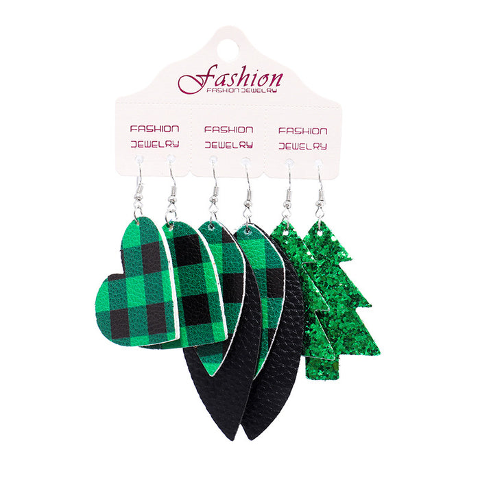 Christmas Set Earrings with Buffalo Plaid Hearts and Christmas Tree Design