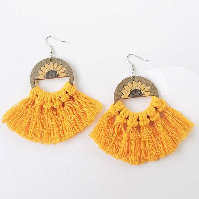 Bohemian Handwoven Cotton Tassel Earrings with Wooden Sunflower Fan Design