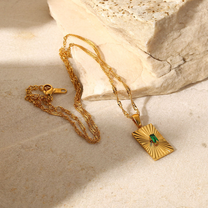 French Style Vintage Necklace - Green Emerald Zircon Pendant with 18K Gold-Plated Stainless Steel Chain