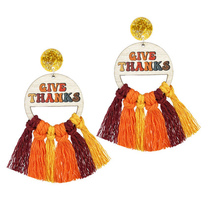 Thanksgiving Themed Woven Tassel Earrings with Turkey and Pumpkin Designs for Holiday Gatherings