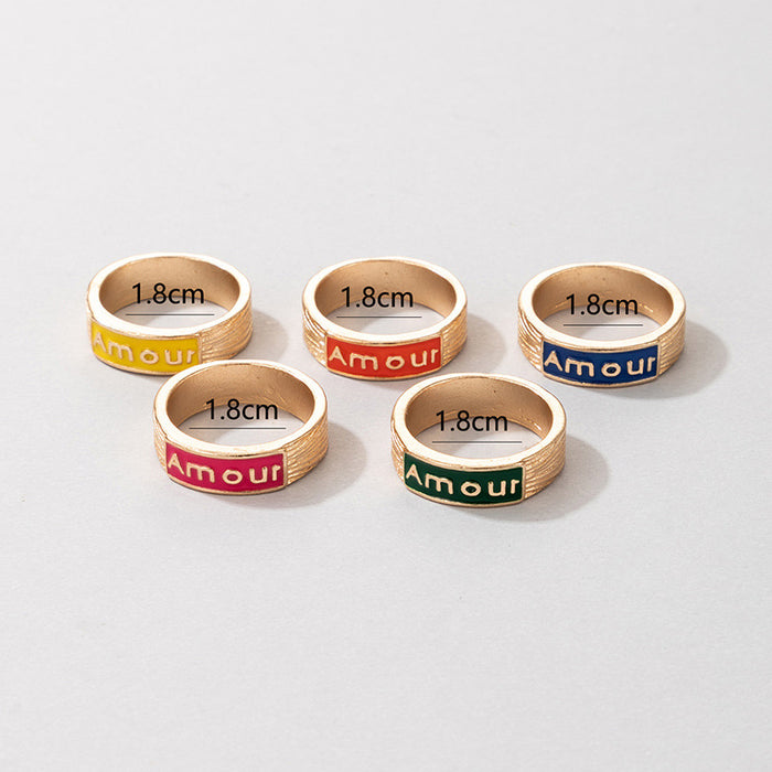 Colorful oil dripping letters simple 5-piece ring set