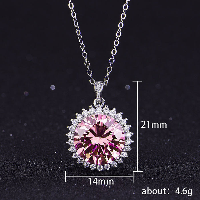 Micro-inlaid pink diamond pendant platinum necklace cross-border