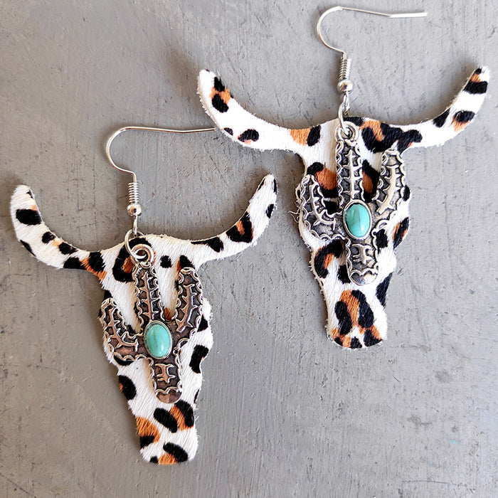 Classic Leopard Print Bullhead Earrings with Cowhide Leather and Cactus Design