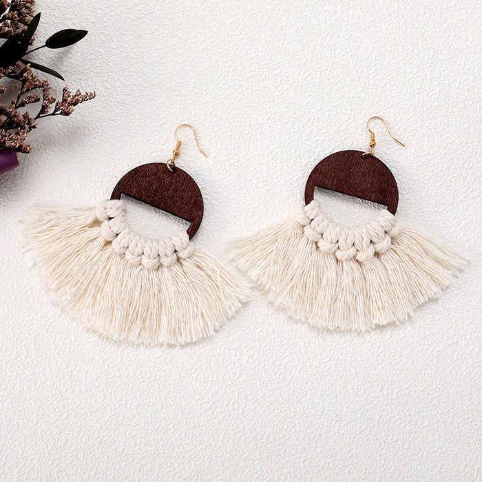 Macrame Handwoven Wooden Earrings with Natural Tassels in a Stylish Ethnic Design