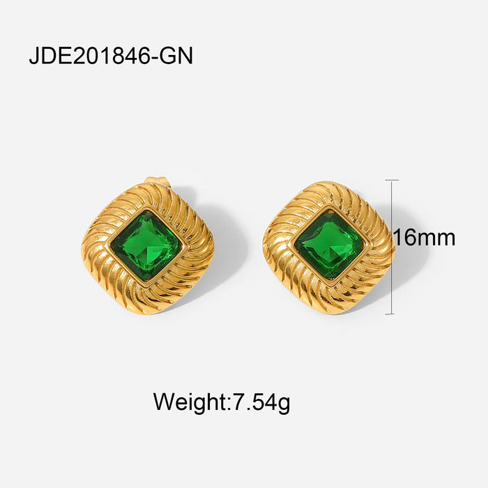 18K Gold Plated Square Button Colored Zircon Stud Earrings - Green/White/Pink Cubic Zirconia Jewelry for Women