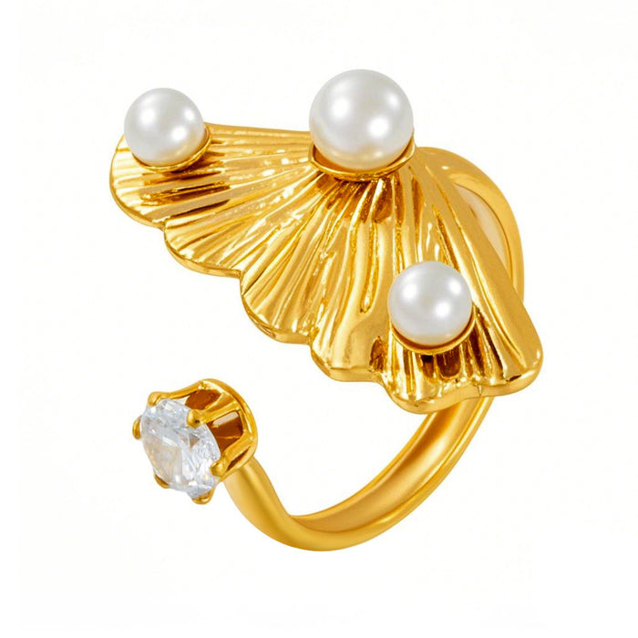 Wholesale stainless steel hydraulic ginkgo leaf inlaid pearl open ring