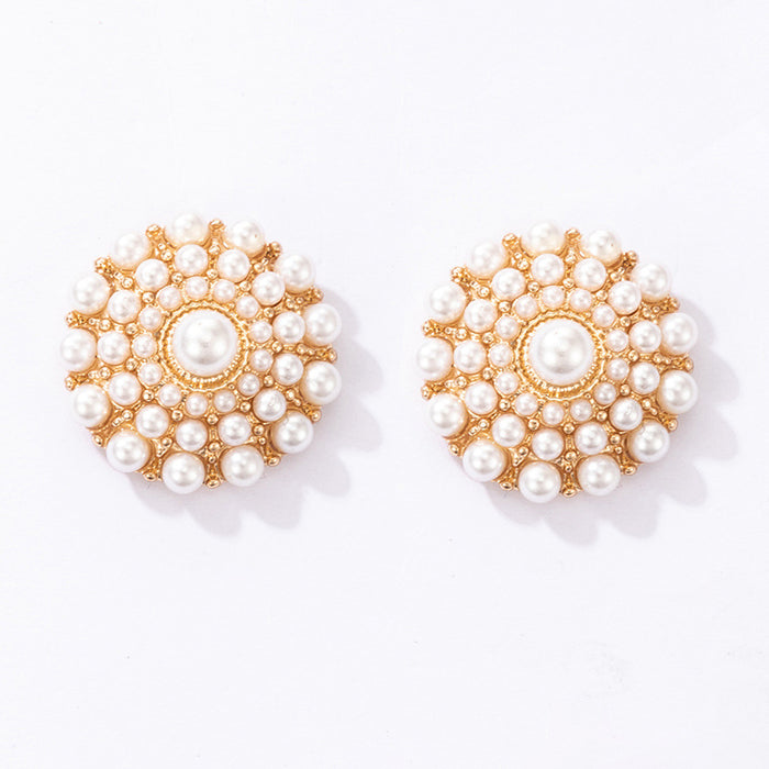 Baroque pearl round flower alloy earrings