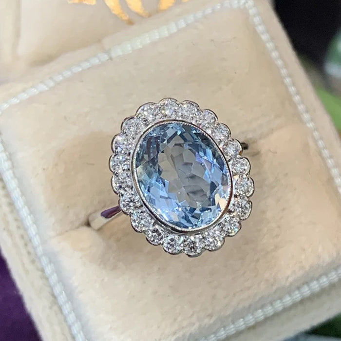 Anillo de circonita ovalada de color azul marino con forma de flor para mujer, joyería exquisita