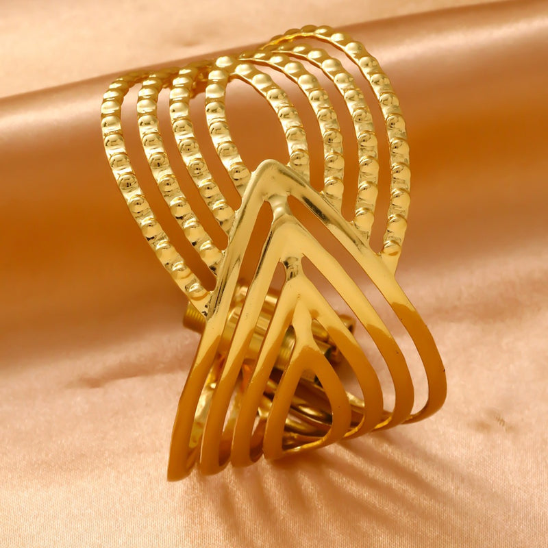Wholesale 304 Stainless Steel Wide Open Cuff Bracelets with Irregular Shapes, Striped Textures, and Floral/Scallop Embossing - wallojewerly 
