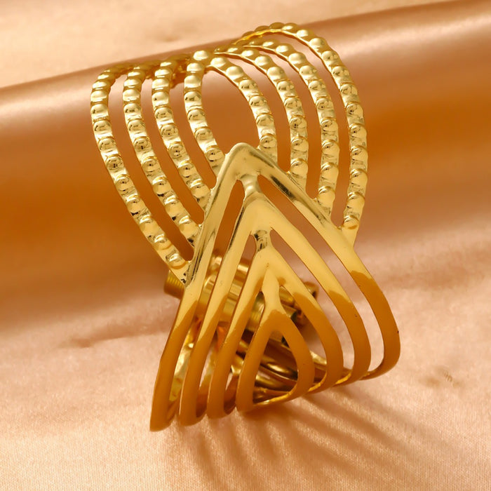 Wholesale 304 Stainless Steel Wide Open Cuff Bracelets with Irregular Shapes, Striped Textures, and Floral/Scallop Embossing