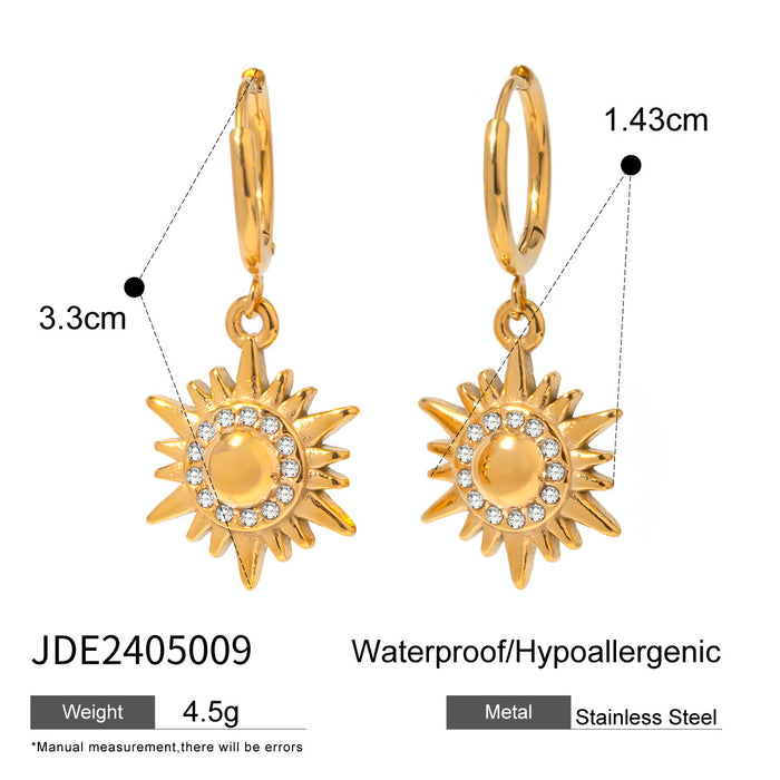 18K Gold Plated Stainless Steel Sun Pendant Earrings - High-End Zircon Jewelry