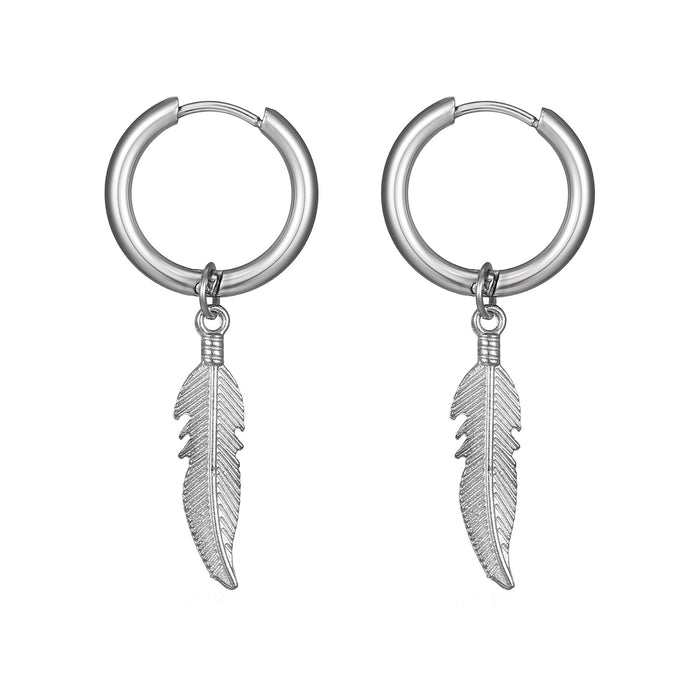 Punk feather pendant titanium steel earrings men's black earrings