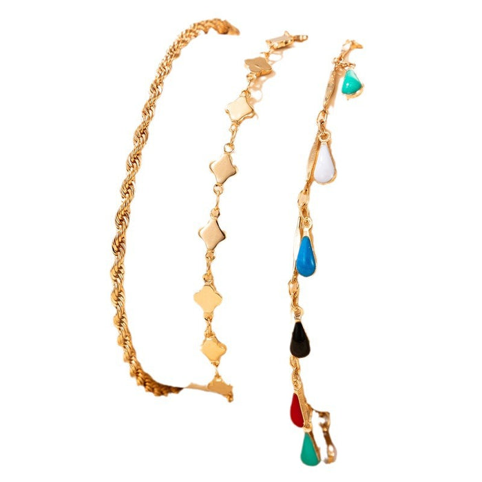 Bohemian Water Drop Anklet with Simple Chain Enamel Macaron Color Three-Piece Set