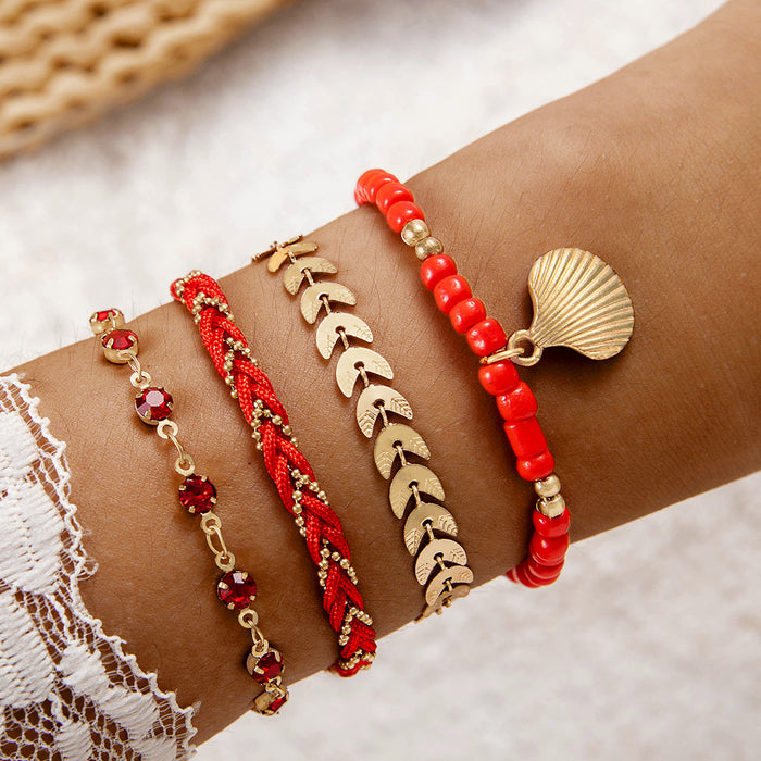 Bohemian Bead and Shell Bracelet Set - Four-Piece Ethnic Jewelry