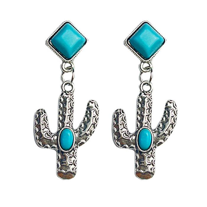 Bohemian Ethnic Turquoise Cactus Earrings with Vintage Texture