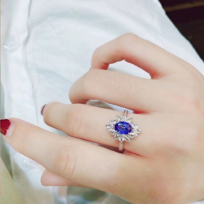 Anillo de lujo con circonitas y zafiro para mujer, anillo para eventos y fiestas