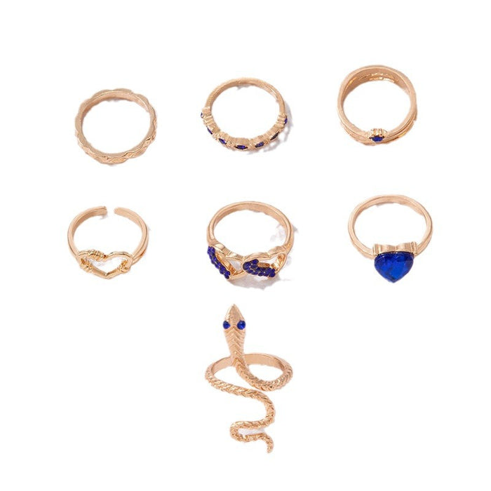 Vintage blue stacking diamond snake-shaped double heart seven-piece ring set
