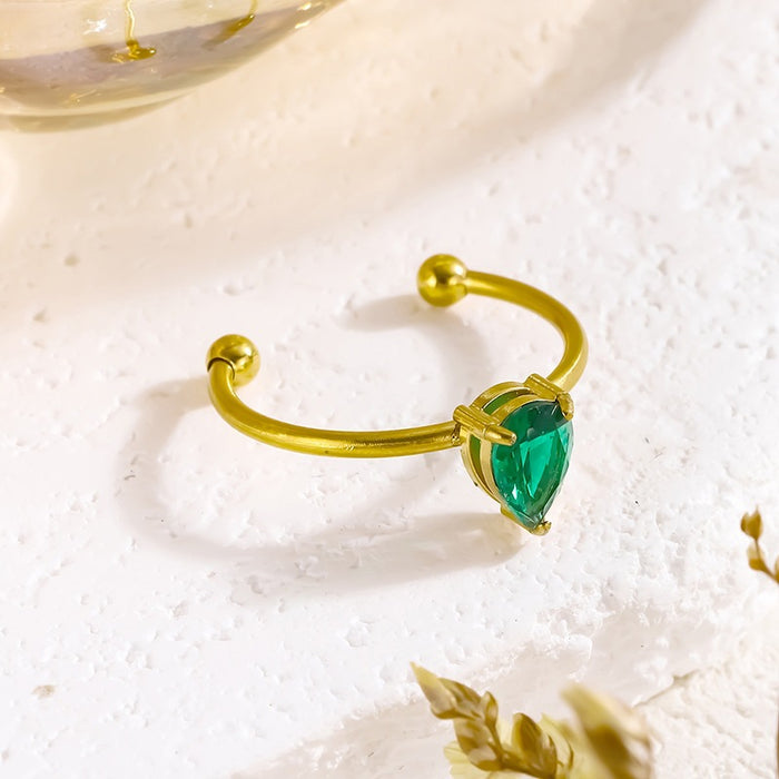 Wholesale 18K gold, stainless steel, titanium steel, teardrop-shaped adjustable ring with zircon.