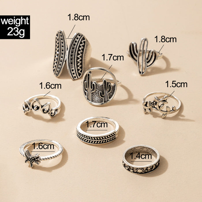 Vintage Cactus and Flower Ring Set - 8-Piece Geometric Palm Tree Rings