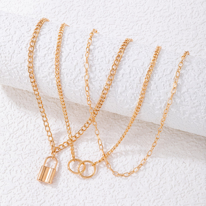 Geometric Ring Triple-Layer Necklace - Alloy Chain Multilayer Choker