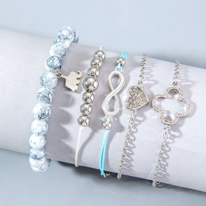 Simple Geometric Open Cuff Bracelet Set - Four-Piece Flower and Stone Jewelry