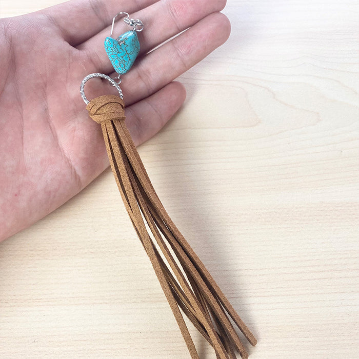 Vintage Long Turquoise Leather Tassel Earrings with Pastoral Style